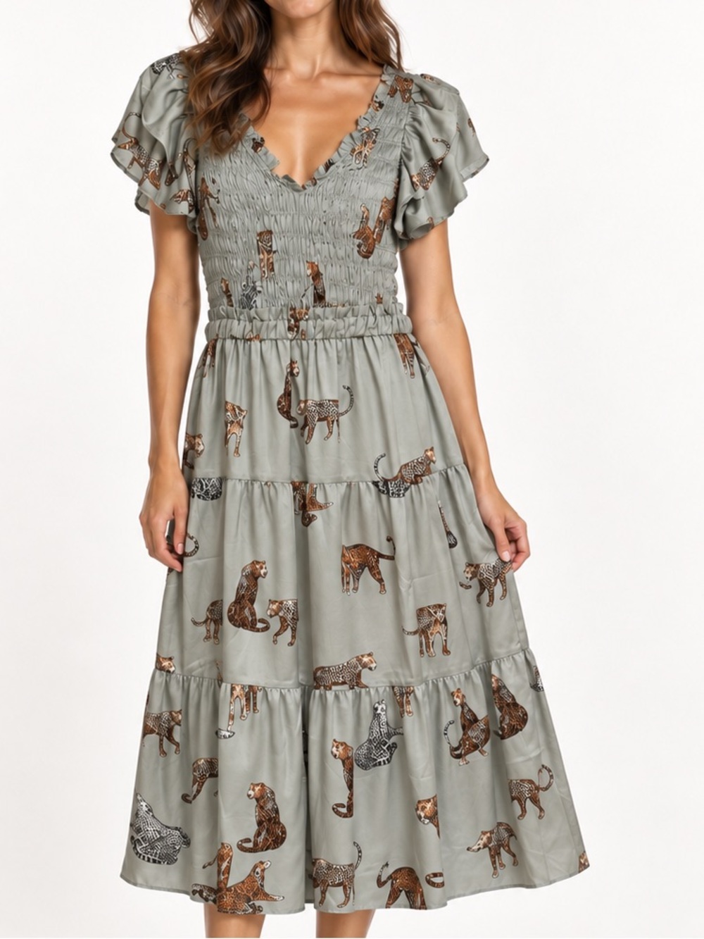 Umgee Olive Sage Green Leopard smocked bodice tiered ruffle midi dress